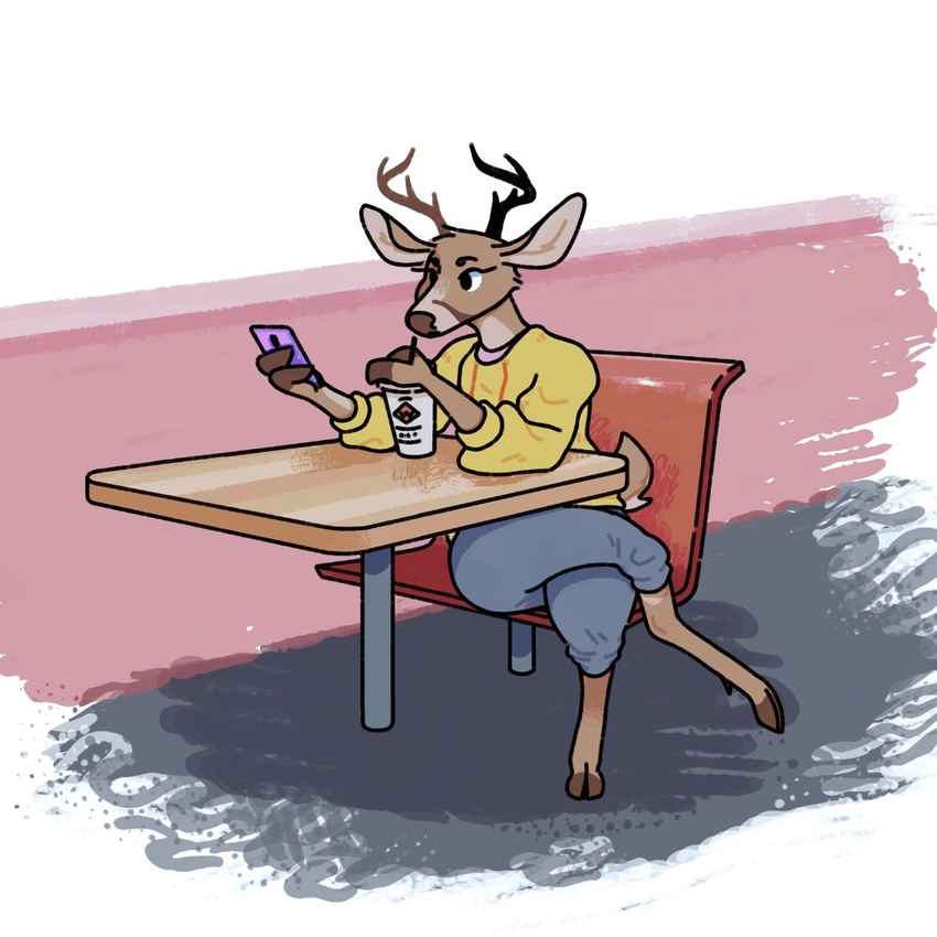 1:1 2020 anthro antlers barefoot bottomwear brown_antlers brown_body brown_fur brown_hooves cel_shading cellphone chair clothed clothing container cup deer digital_drawing_(artwork) digital_media_(artwork) drinking_straw dyyrlysh electronics eyebrows feet fingers fully_clothed fur furniture grey_bottomwear grey_clothing grey_pants holding_cellphone holding_object holding_phone holding_smartphone hooved_fingers hooves horn kristoffer_everglade krita_(artwork) male male_anthro mammal new_world_deer on_chair pants phone restaurant shaded sitting sitting_on_chair smartphone snout solo table unguligrade wayback_burgers white-tailed_deer yellow_sweatshirt