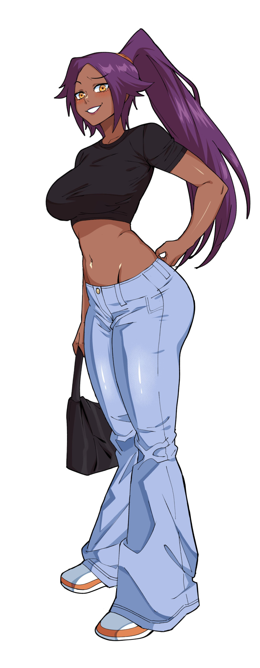 absurdres bag black_bag black_tank_top bleach blue_pants breasts commentary crop_top dark-skinned_female dark_skin denim english_commentary female high_ponytail highres holding holding_bag long_hair looking_afar mg991998 midriff navel pants purple_hair shihouin_yoruichi simple_background smile solo standing tank_top white_background yellow_eyes