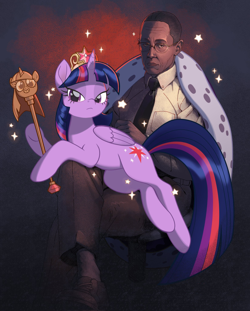 black_tie_(suit) breaking_bad cape clothing crossover crown cutie_mark duo equid equine eyewear female female_feral feral footwear friendship_is_magic glasses gustavo_fring hair hasbro headgear hi_res horn horse human male male/female male_human mammal my_little_pony mythological_creature mythological_equine mythology pawsmasher pony purple_body purple_hair purple_tail sceptre shirt shoes simple_background sparkles star suit tail tiara topwear twilight_scepter_(mlp) twilight_sparkle_(mlp) unicorn unicorn_horn yellow_clothing yellow_shirt yellow_topwear