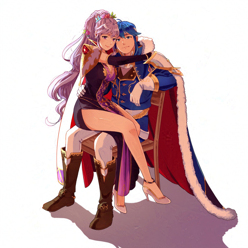 1boy armor blue_cape blue_eyes blue_hair boots breasts cape cleavage commentary commission dress earrings english_commentary female fire_emblem fire_emblem:_genealogy_of_the_holy_war flower hair_flower hair_ornament headband high_heels highres ishtar_(fire_emblem) ishtar_(fire_emblem)_(echoing_thunder) jewelry long_hair long_sleeves looking_at_viewer mango_(mgosketches) official_alternate_costume pants ponytail purple_eyes purple_hair red_cape seliph_(fire_emblem) seliph_(scion_of_light)_(fire_emblem) shadow shoulder_armor simple_background sitting sitting_on_lap sitting_on_person smile thighs very_long_hair white_background white_cape white_headband white_pants