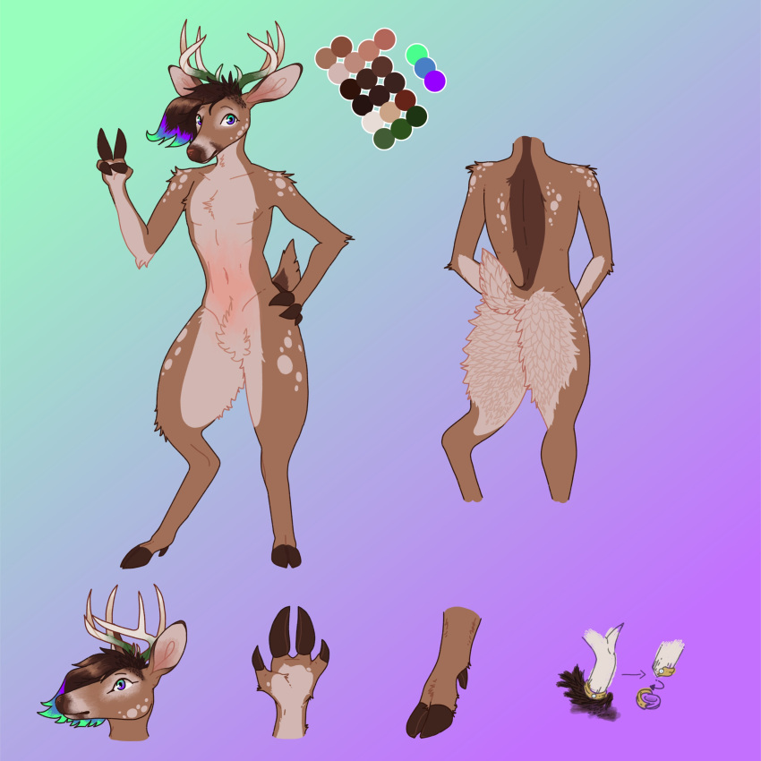 1:1 2020 absurd_res anthro antler_ring antlers brown_body brown_fur brown_hair brown_hooves brown_nose color_swatch crotch_tuft deer digital_drawing_(artwork) digital_media_(artwork) dyyrlysh eyebrows fingers flat_colors fur gesture gradient_background hair hand_gesture hand_on_hip hand_on_own_hip hi_res highlights_(coloring) hooved_fingers hooves horn kristoffer_everglade krita_(artwork) looking_at_viewer male male_anthro mammal model_sheet multicolored_eyes multicolored_highlights new_world_deer scut_tail short_tail simple_background snout solo standing tail tan_antlers tan_body tan_fur tuft unguligrade v_sign white-tailed_deer