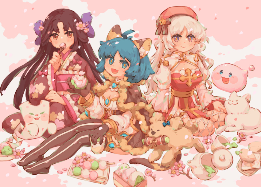 3girls :3 :d ahoge animal_ears arch_bishop_(ragnarok_online) beret black_gloves black_thighhighs blue_eyes blue_hair blush bow breasts brown_bow brown_eyes brown_hair brown_kimono canine cape cat_ears cat_girl cherry_blossoms cleavage cleavage_cutout closed_mouth clothing_cutout commentary cross cup dango dress fishnet_thighhighs fishnets food full_body fur-trimmed_cape fur_trim gloves green_tea hairbow hanami hat hat_bow holding japanese_clothes juliet_sleeves kimono long_hair long_sleeves looking_at_viewer medium_bangs medium_breasts miyabi_doll multiple_girls no_shoes oerba_yun_fang official_alternate_costume onigiri open_mouth pannkaka1515 pelvic_curtain pink_hat pink_pupils poring puffy_sleeves purple_bow ragnarok_online sanshoku_dango sash scroll shikigami short_dress short_hair sitting slime_(creature) smile symbol-only_commentary tea teacup teapot the_paper_(ragnarok_online) thighhighs two-tone_dress very_long_hair wagashi warlock_(ragnarok_online) wavy_hair white_dress white_hair white_thighhighs yellow_sash yokozuwari