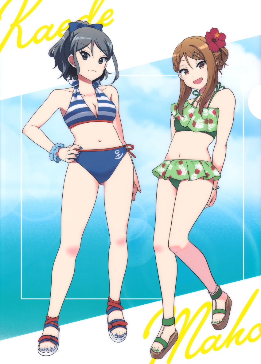 2girls absurdres arm_behind_back bikini black_hair blue_eyes bow bracelet breasts brown_hair character_name cleavage cloud cloudy_sky floral_print_bikini flower foot_jewelry hair_flower hair_ornament hairbow hairclip hand_on_own_hip highres jewelry k-on! k-on!_shuffle kakifly leaf_print long_hair looking_at_viewer medium_breasts multiple_girls nail_polish navel non-web_source official_art open_mouth ponytail romaji_text sandals sawabe_maho scan shimizu_kaede sky smile string_bikini striped_bikini striped_clothes sun_glare swimsuit