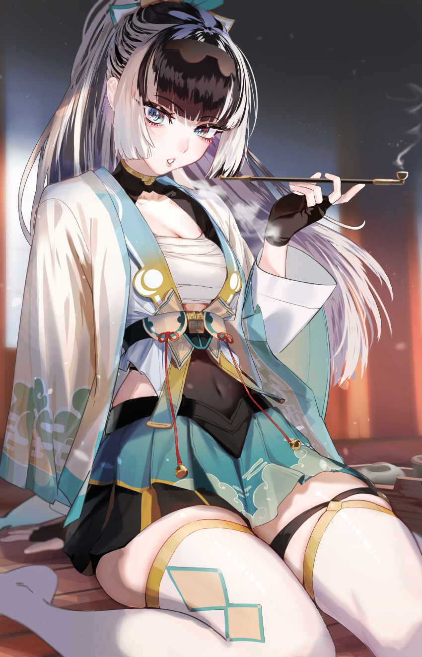 aqua_eyes black_hair breasts chest_sarashi cleavage commentary_request cosplay covered_navel female fingerless_gloves gloves grey_hair hakama hakama_skirt haori highres holding holding_smoking_pipe hololive hololive_dev_is japanese_clothes juufuutei_raden kazama_iroha kazama_iroha_(1st_costume) kazama_iroha_(cosplay) long_hair looking_at_viewer multicolored_hair murechika ponytail sarashi shrug_(clothing) sitting skirt smoking smoking_pipe solo streaked_hair thighhighs virtual_youtuber white_thighhighs zettai_ryouiki