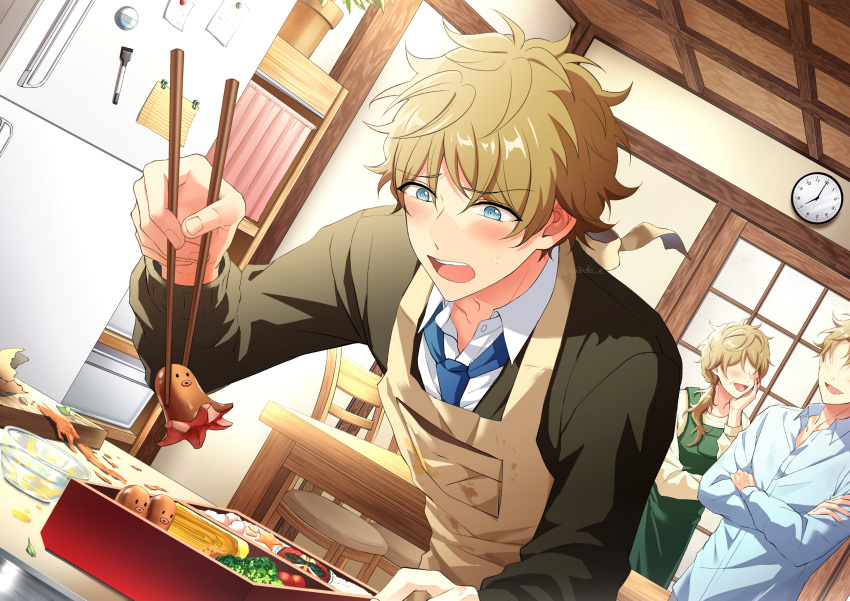 2boys apron bento blonde_hair blue_eyes chair chopsticks clock ensemble_stars! female food highres kindo kitchen long_sleeves male_focus multiple_boys necktie sausage shirt short_hair table takamine_midori