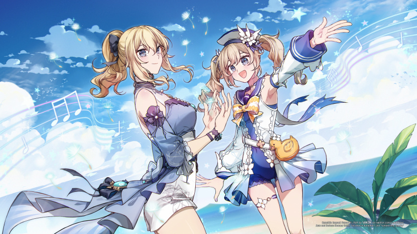 2girls absurdres arm_up barbara_(genshin_impact) barbara_(summertime_sparkle)_(genshin_impact) beach belt_buckle blue_eyes blue_one-piece_swimsuit blue_sky bow buckle casual_one-piece_swimsuit cloud cloudy_sky day detached_sleeves drill_hair duck_print genshin_impact hair_ribbon hairbow hat highres horizon jean_(genshin_impact) jean_(sea_breeze_dandelion)_(genshin_impact) light_brown_hair multiple_girls musical_note ocean official_alternate_costume one-piece_swimsuit outdoors ponytail ribbon sakon04 siblings sisters sky summer swimsuit twin_drills twintails wind