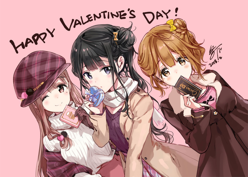 3girls ;) adagaki_aki artist_name black_collar black_hair blue_eyes blush box brown_coat brown_eyes brown_hair coat collar commentary_request dated dutch_angle english_text fujinomiya_neko gift hair_bun happy_valentine heart-shaped_box holding holding_gift koiwai_yoshino long_hair long_sleeves looking_at_viewer masamune-kun_no_revenge mole mole_under_eye multiple_girls off_shoulder one_eye_closed open_clothes open_coat parted_lips pink_background pink_skirt plaid plaid_skirt pleated_skirt purple_shawl purple_sweater ribbed_sweater scarf shawl short_hair side_ponytail signature simple_background single_side_bun skirt smile standing sweater tiv turtleneck valentine white_scarf white_sweater