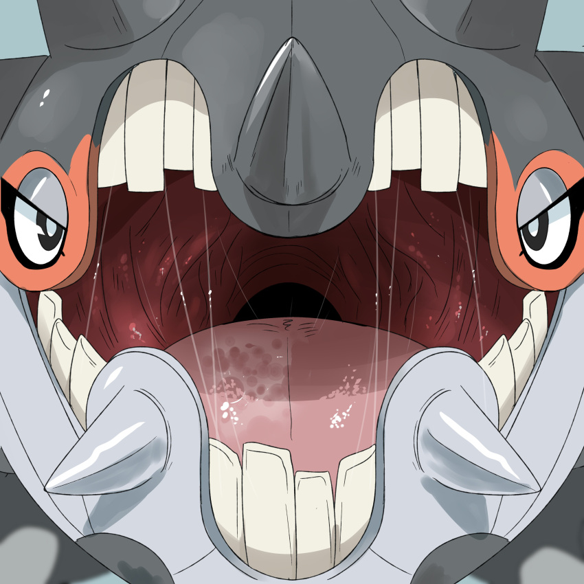 1:1 absurd_res ambiguous_gender black_eyes blue_background bodily_fluids cetitan front_view generation_9_pokemon grey_body hi_res imperatorcaesar mouth_shot narrowed_eyes nintendo open_mouth pokemon pokemon_(species) pupils red_tongue saliva saliva_string shiny_pokemon simple_background solo teeth tongue white_pupils