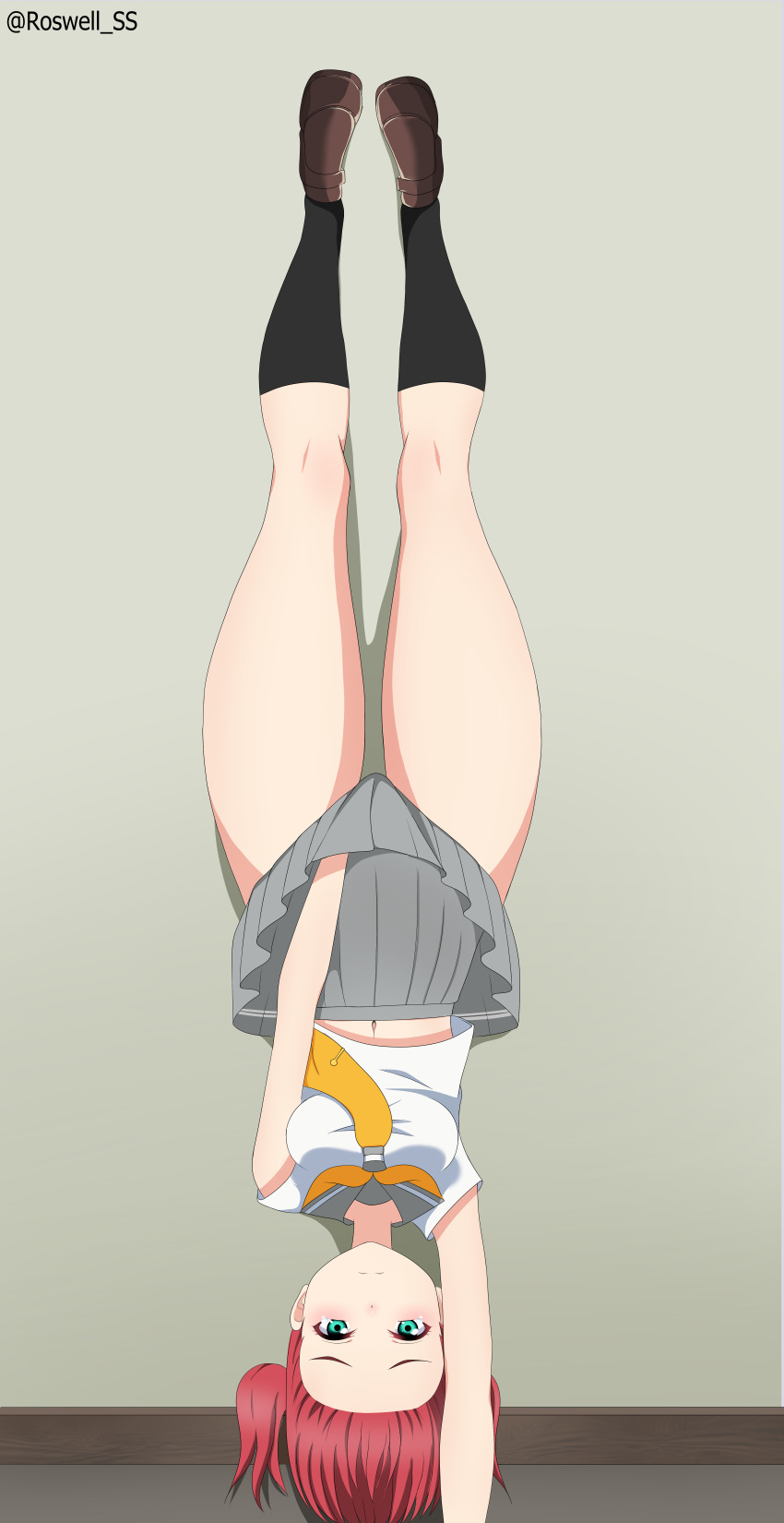 absurdres black_socks blush breasts commentary expressionless female green_eyes grey_sailor_collar grey_skirt handstand highres kurosawa_ruby loafers looking_at_viewer love_live! love_live!_sunshine!! lycoris_challenge_(meme) medium_breasts meme neckerchief one_arm_handstand parody red_hair roswell_ss sailor_collar scene_reference school_uniform serafuku shoes skirt skirt_hold socks solo thighs yellow_neckerchief