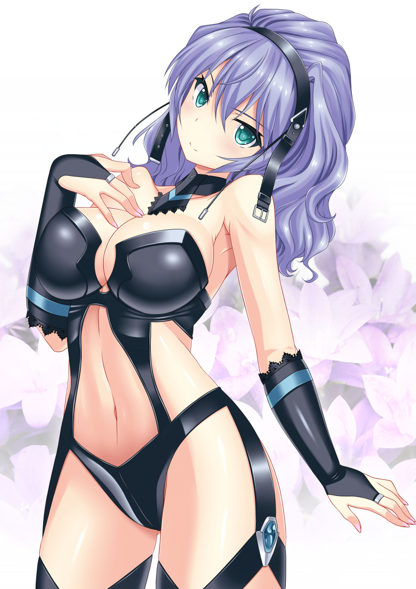 absurdres aqua_centolm breasts bridal_gauntlets cleavage female floral_background green_eyes hairband hatsune_haruka highres large_breasts navel purple_hair revealing_clothes smile solo super_robot_wars super_robot_wars_mx wavy_hair