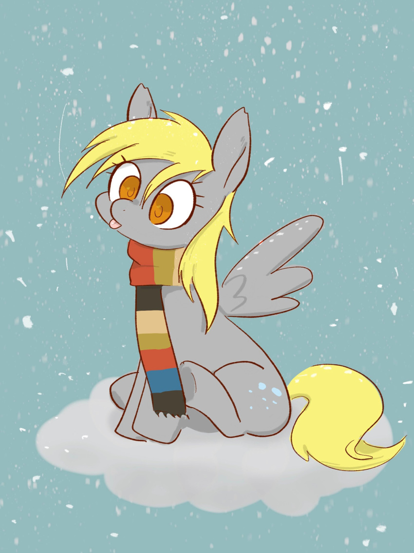 absurd_res blonde_hair cloud cutie_mark derpy_hooves equid equine eyelashes feral friendship_is_magic grey_body hair hasbro hi_res mammal my_little_pony mythological_creature mythological_equine mythology noupu1115 orange_eyes pegasus scarf sitting snow snowing solo tail tongue tongue_out wings yellow_tail