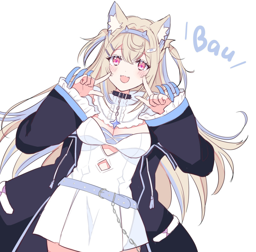 :3 :d animal_ear_fluff animal_ears belt belt_collar black_collar black_jacket blonde_hair blue_belt blue_hair breasts cleavage collar dog_ears dog_girl dress female fur-trimmed_jacket fur_trim fuwawa_abyssgard fuwawa_abyssgard_(1st_costume) gum_(vivid_garden) highres hololive hololive_english jacket large_breasts long_hair looking_at_viewer multicolored_hair pink_eyes smile solo spiked_collar spikes streaked_hair virtual_youtuber white_background white_dress