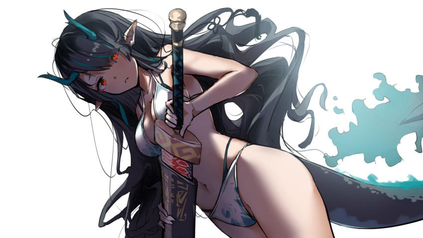 arknights bare_arms bare_shoulders bikini black_hair blue_fire blue_hair breasts cleavage closed_mouth commentary_request dragon_girl dragon_horns dragon_tail dusk_(arknights) dutch_angle female fire hellnyaa highres holding holding_sword holding_weapon horns long_hair looking_at_viewer medium_breasts multicolored_hair navel pointy_ears red_eyes sheath simple_background solo streaked_hair swimsuit sword tail thighs two-tone_hair unsheathing very_long_hair weapon white_background white_bikini