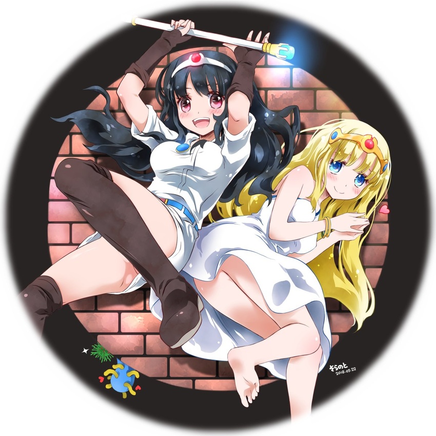 2girls :d barefoot black_hair blonde_hair blush breasts brick_wall circlet closed_mouth commentary_request dated dress druaga_no_tou elbow_gloves fingerless_gloves gloves highres ishtar_(druaga_no_tou) jewelry ki_(druaga) long_hair looking_at_viewer multiple_girls noto_(soranoto) open_mouth pendant red_eyes round_image smile teeth thighhighs upper_teeth_only