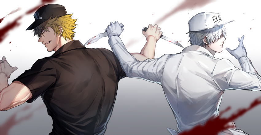 2boys bad_id bad_pixiv_id baseball_cap black_shirt blonde_hair blood blood_on_weapon blood_splatter colored_skin dagger fighting_stance grin hair_over_one_eye hat hataraku_saibou highres holding holding_dagger holding_knife holding_weapon killer_t_(hataraku_saibou) knife male_focus military military_uniform multiple_boys shirt short_hair short_sleeves smile toned toned_male tsunami_(sorudora) u-1146 uniform weapon white_blood_cell_(hataraku_saibou) white_hair white_skin