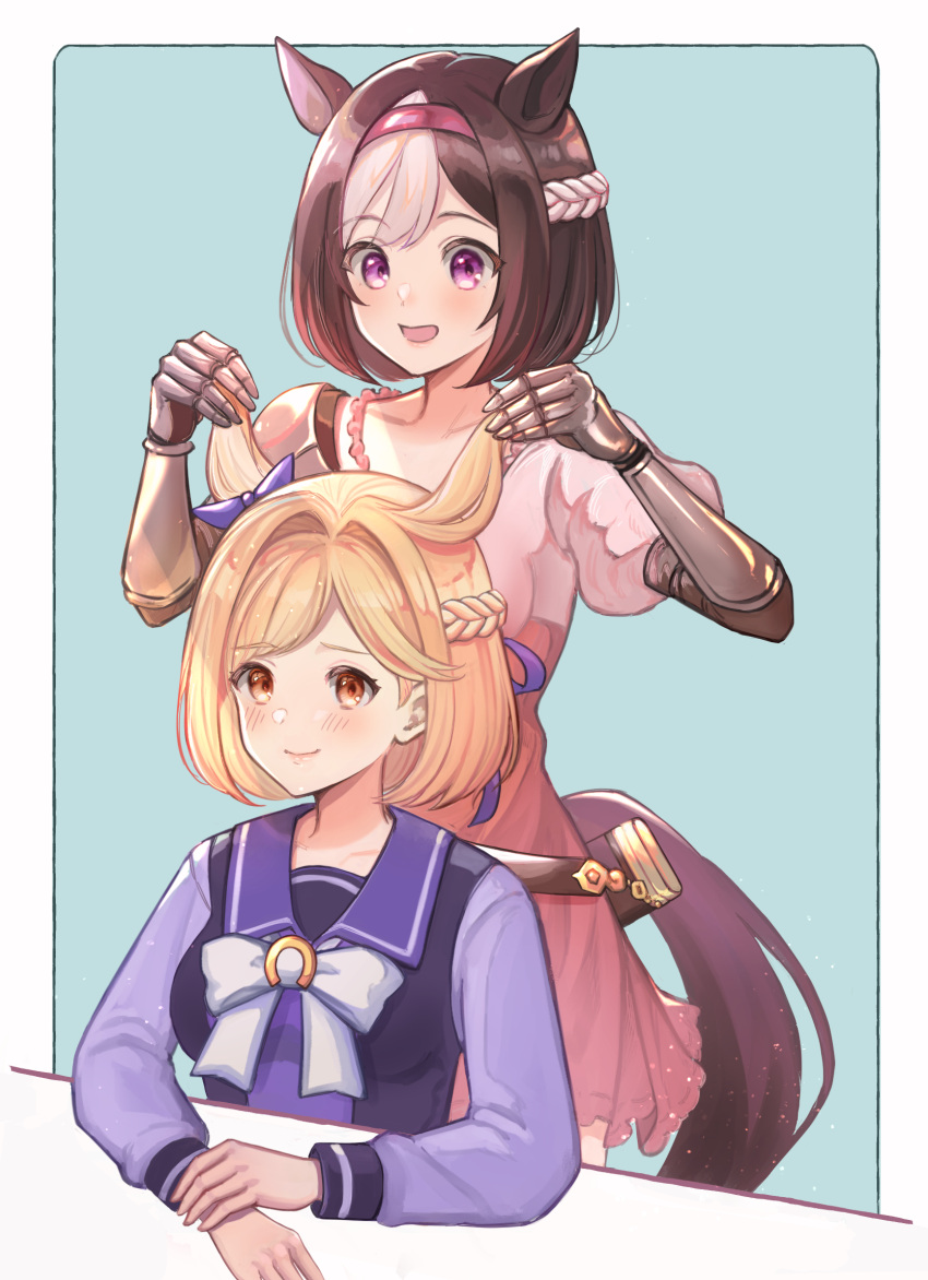 2girls animal_ears blonde_hair blue_ribbon brown_eyes brown_hair commentary_request company_connection cosplay costume_switch cowboy_shot djeeta_(granblue_fantasy) djeeta_(granblue_fantasy)_(cosplay) dress gauntlets granblue_fantasy hairband highres holding holding_clothes horse_ears horse_girl horse_tail multiple_girls pink_dress pink_hairband purple_eyes purple_sailor_collar ribbon sailor_collar school_uniform serafuku short_hair sidelocks special_week_(umamusume) standing tail takanishi_takashi tracen_school_uniform umamusume winter_uniform