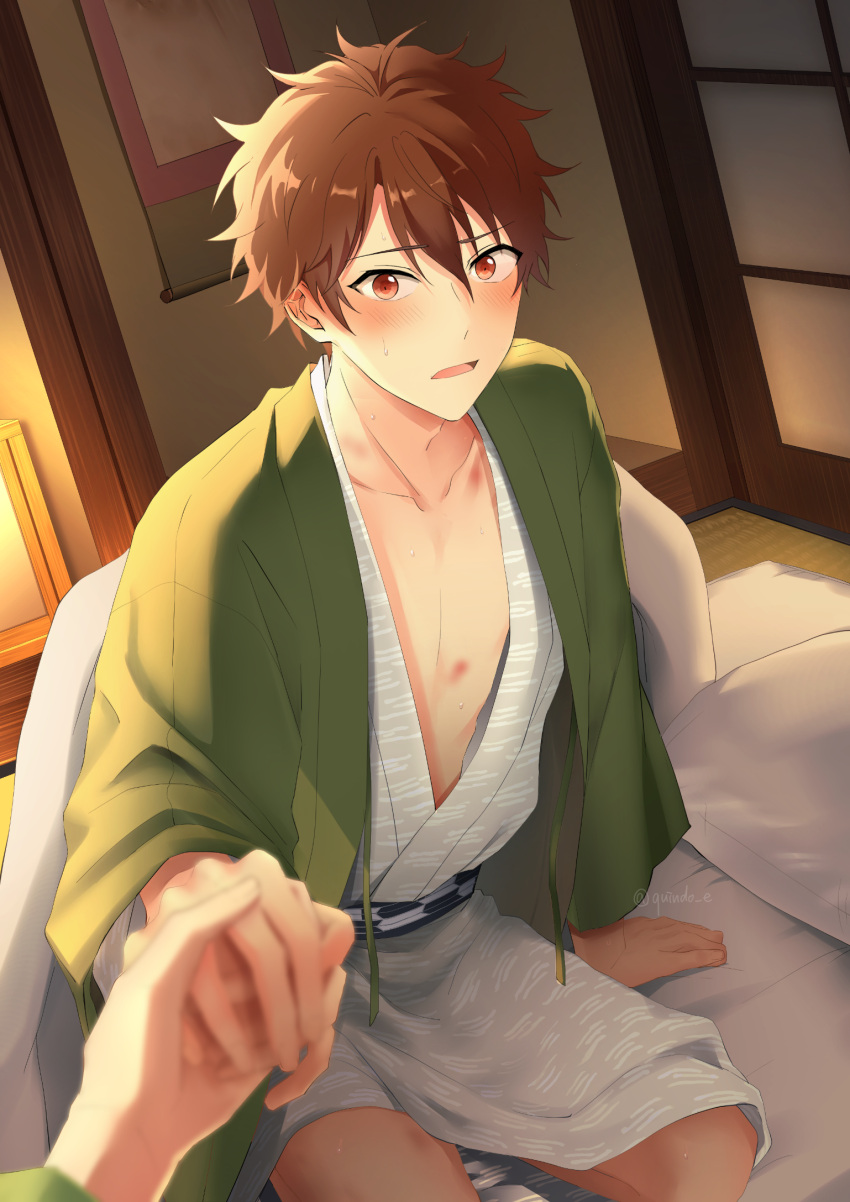 2boys abs blonde_hair brown_eyes brown_hair ensemble_stars! highres holding_hands japanese_clothes kindo long_sleeves looking_at_viewer male_focus morisawa_chiaki multiple_boys open_mouth red_eyes ryuuseitai_(ensemble_stars!) scar short_hair simple_background takamine_midori twitter_username white_background yaoi