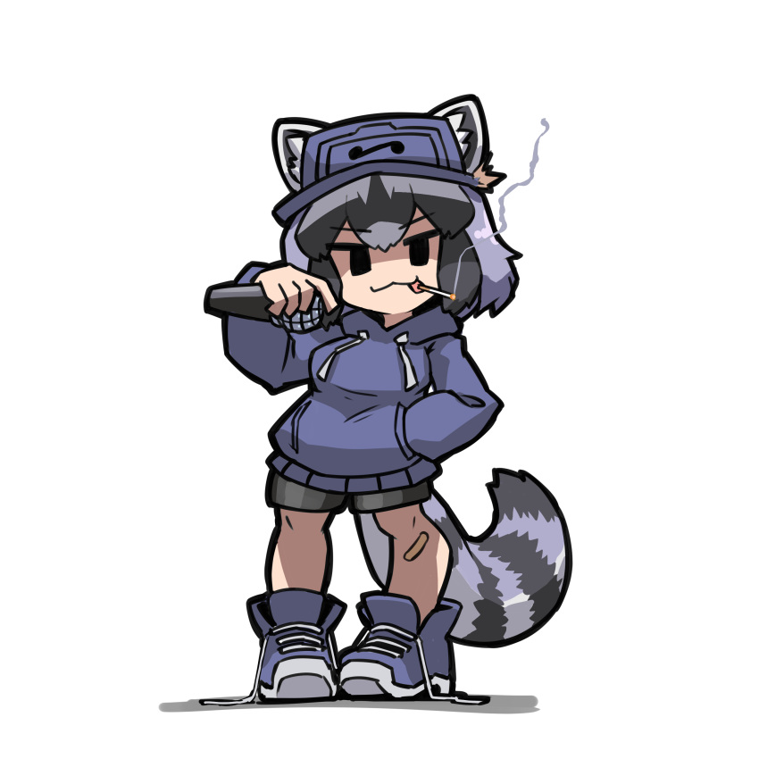 :3 absurdres alternate_costume animal_ears arm_up bandaid bandaid_on_leg bare_legs baseball_cap black_eyes black_hair cassette_girl_(taikodon) chibi cigarette commentary common_raccoon_(kemono_friends) drawstring ears_through_headwear female friday_night_funkin' full_body grey_hair hat highres holding holding_microphone hood hood_down hoodie kemono_friends long_sleeves looking_at_viewer medium_hair microphone mouth_hold okome_kogashi parody pocket purple_hair raccoon_ears raccoon_girl raccoon_tail shoelaces shoes shorts simple_background smile smoke solo style_parody tail untied_footwear white_background