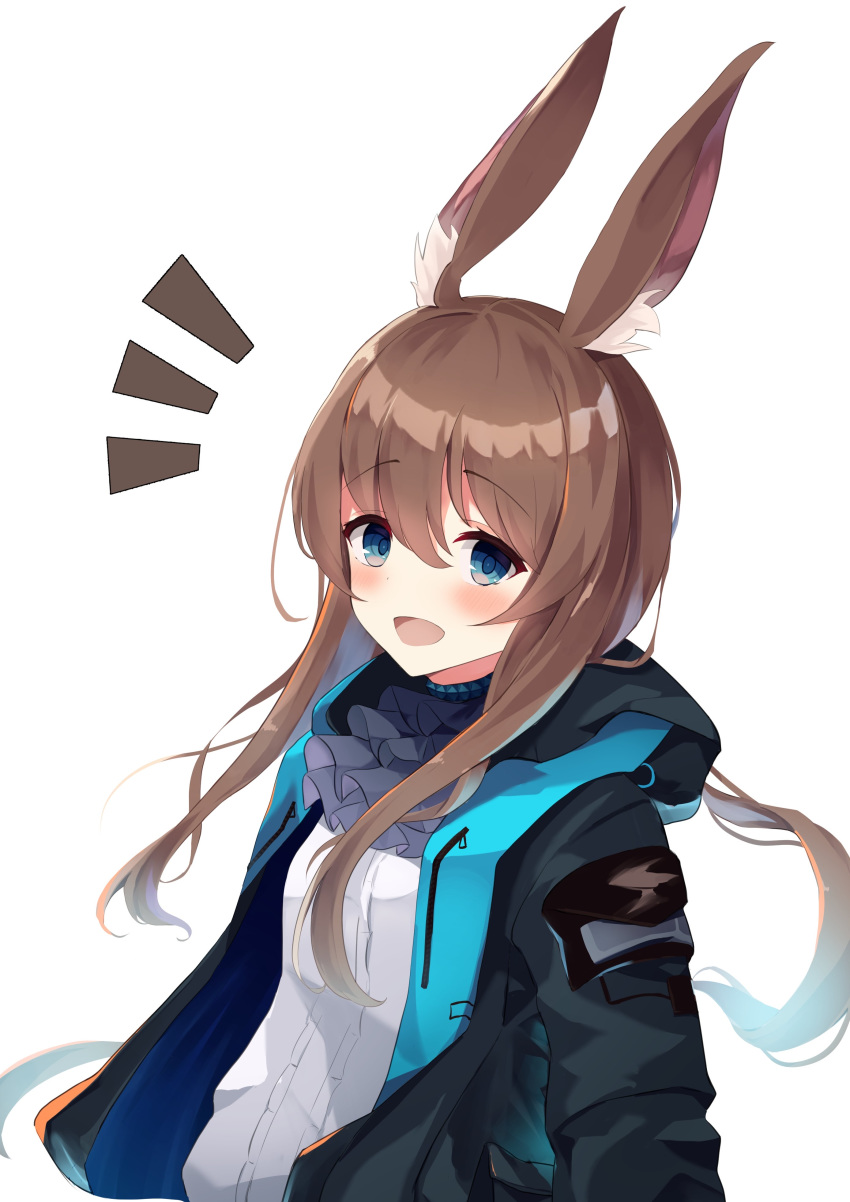 :d absurdres amiya_(arknights) animal_ear_fluff animal_ears arknights ascot black_jacket blue_eyes blush breasts brown_hair commentary_request female grey_ascot hair_between_eyes highres jacket long_hair long_sleeves looking_at_viewer low_ponytail mizu_(lzzrwi603) notice_lines open_clothes open_jacket open_mouth ponytail rabbit_ears shirt sidelocks simple_background small_breasts smile solo upper_body very_long_hair white_background white_shirt