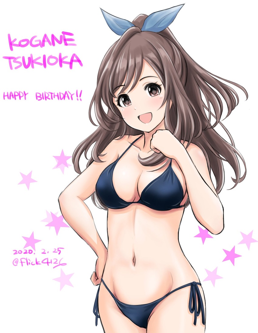 bikini blush bow breasts brown_eyes brown_hair character_name cleavage dated female flick_(sal23) hairbow halterneck hand_on_own_hip hand_up happy_birthday high_ponytail highres idolmaster idolmaster_shiny_colors large_breasts navel open_mouth ponytail side-tie_bikini_bottom smile solo star_(symbol) string_bikini swimsuit tsukioka_kogane twitter_username