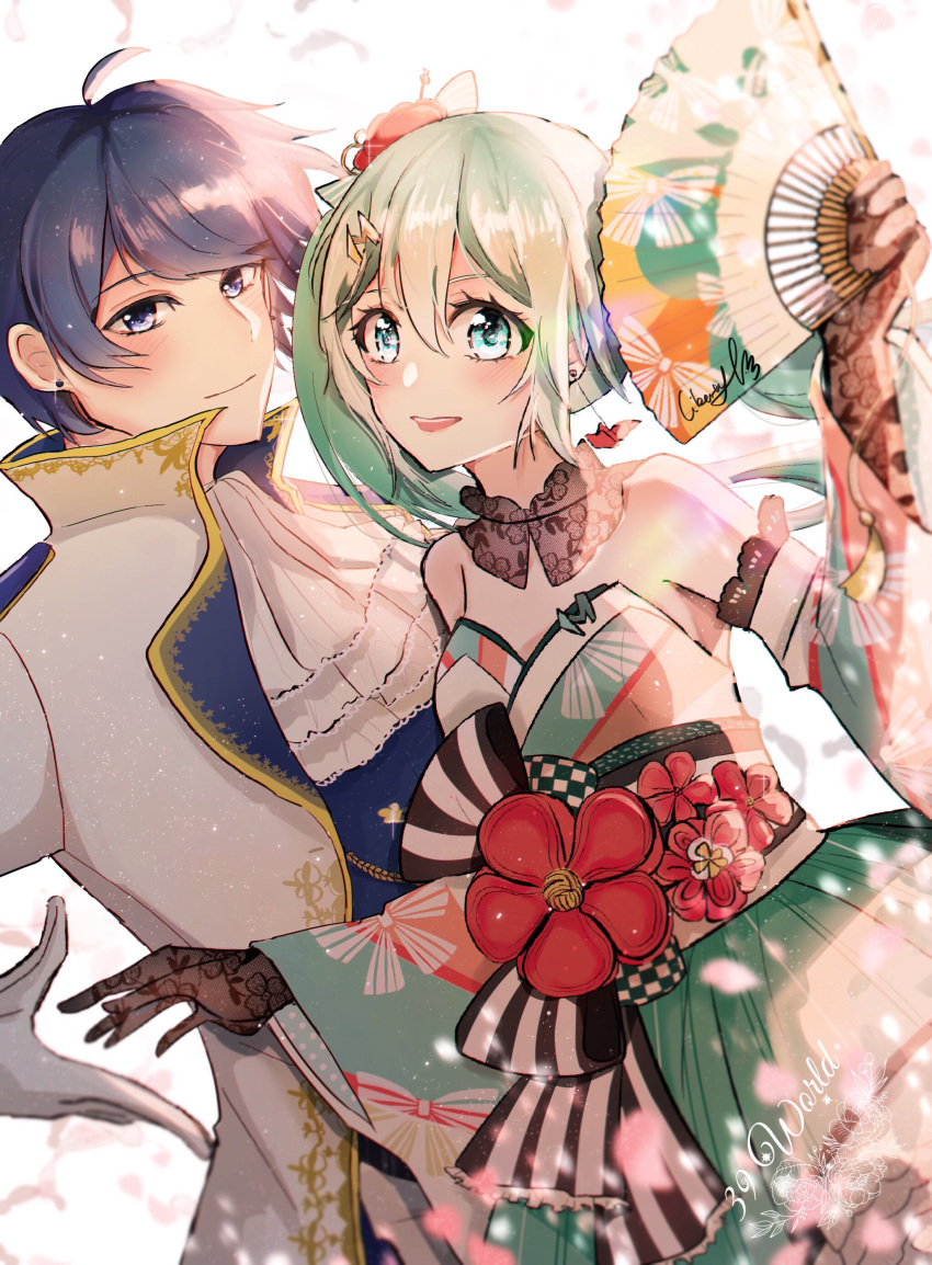 1boy 39 absurdres aqua_eyes aqua_hair ascot bad_id bad_pixiv_id bare_shoulders black_gloves blue_eyes blue_hair blurry blurry_background blurry_foreground coat commentary detached_sleeves dress_flower dutch_angle english_commentary falling_petals female flower folding_fan gloves hair_ornament hairclip hand_fan hatsune_miku highres holding holding_fan japanese_clothes kaito_(vocaloid) kimono libertyp long_hair looking_at_viewer obi open_mouth petals red_flower sash sidelighting smile twintails upper_body vocaloid white_background white_coat white_gloves