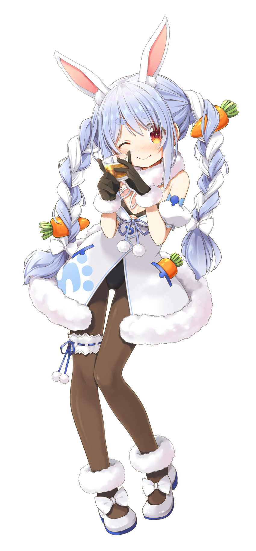 absurdres alcohol animal_ear_fluff animal_ears aoki_ume arm_cuffs ass_visible_through_thighs blue_hair blush braid bridal_garter carrot carrot_hair_ornament commentary_request don-chan_(usada_pekora) dress female food-themed_hair_ornament full_body fur-trimmed_dress fur-trimmed_gloves fur_scarf fur_trim glass gloves hair_ornament highres hololive long_hair looking_at_viewer multicolored_hair official_art one_eye_closed pantyhose rabbit_ears rabbit_girl second-party_source shoes short_eyebrows simple_background smile solo thick_eyebrows thigh_gap twin_braids umeshu usada_pekora usada_pekora_(1st_costume) virtual_youtuber white_background white_hair yellow_eyes