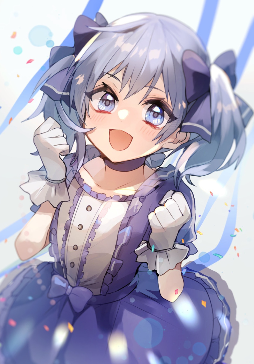 blue_dress blue_eyes blue_hair blue_ribbon blurry blush chiro_(chi-bu-ko) commentary commission confetti depth_of_field dress female gloves gradient_background hair_ribbon highres looking_at_viewer nijisanji ribbon skeb_commission smile solo twintails virtual_youtuber yuuki_chihiro yuuki_chihiro_(1st_costume)