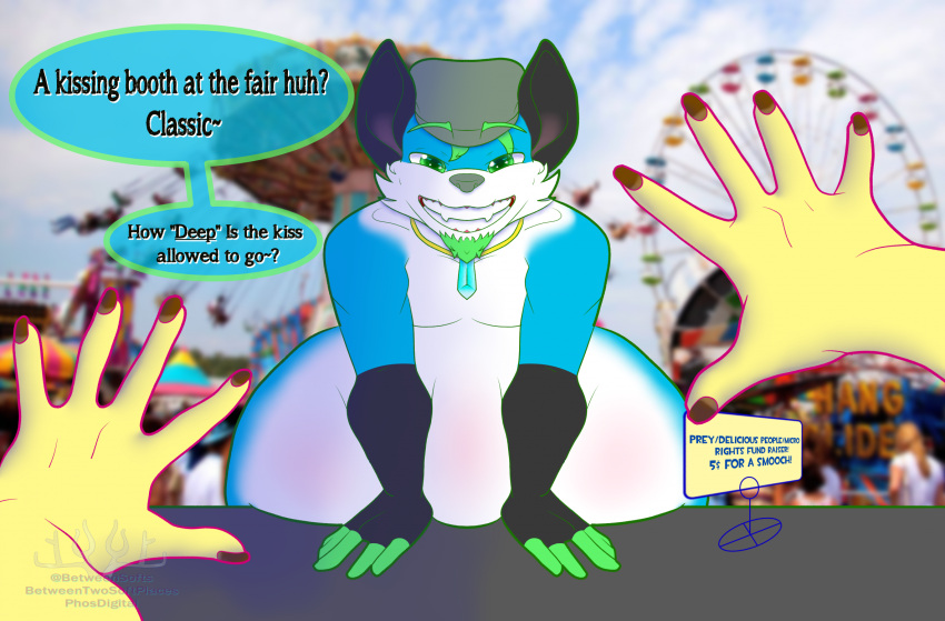 anthro belly canid canine carnival_game duo english_text first_person_view fox hi_res imminent_vore looming male male/male mammal overweight overweight_male phosphobos scared tanio text vore