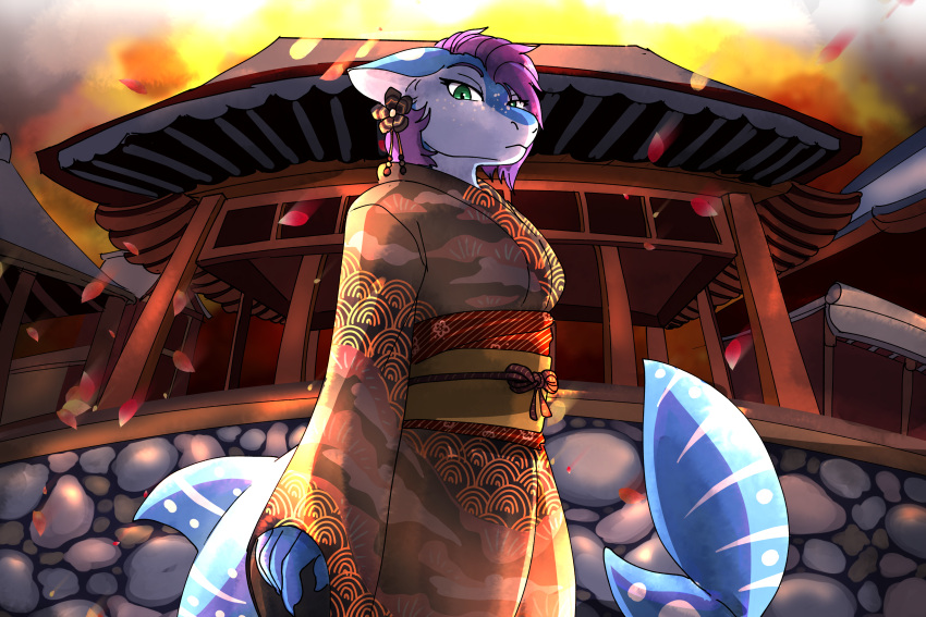 3:2 absurd_res anthro asian_clothing blue_body blue_skin carpet_shark clothing countershading detailed_background east_asian_clothing female fish green_eyes hair hi_res japanese_clothing japanese_shrine ketzel99 kimono looking_at_viewer looking_down looking_down_at_viewer marine markings purple_hair rigel_(1stsavagery) shark solo tail thick_tail whale_shark white_body white_markings white_skin