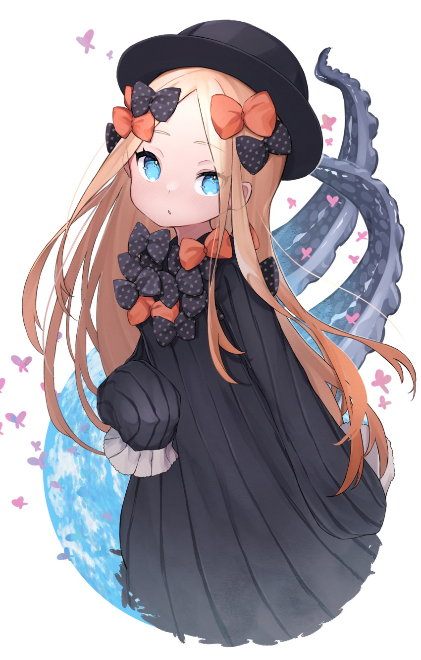 abigail_williams_(fate) bad_id bad_pixiv_id black_bow black_dress black_hat blonde_hair blue_eyes blush bow breasts dress fate/grand_order fate_(series) female forehead hairbow hat highres lazu0721 long_hair long_sleeves looking_at_viewer multiple_hair_bows open_mouth orange_bow parted_bangs polka_dot polka_dot_bow ribbed_dress sleeves_past_fingers sleeves_past_wrists small_breasts solo tentacle