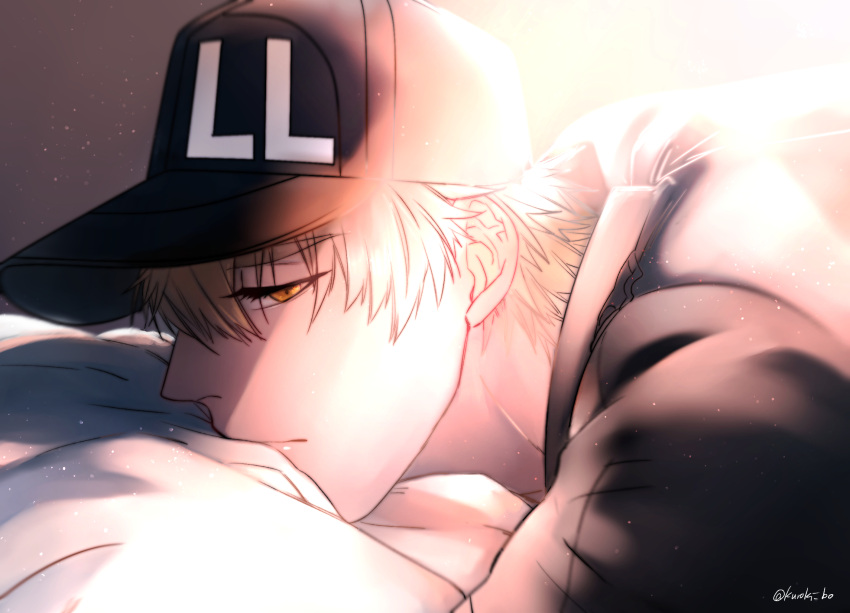 1boy baseball_cap blonde_hair bou_(maimoca501) close-up from_side half-closed_eyes hat hataraku_saibou highres killer_t_(hataraku_saibou) looking_at_viewer lying male_focus military military_uniform on_bed on_stomach short_hair short_sleeves solo sunlight uniform