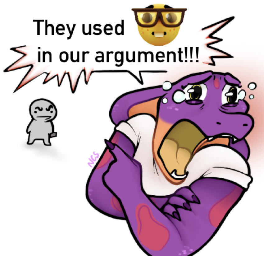 anthro bodily_fluids cobra countershading crying dialogue english_text female female_anthro hi_res humor keeshee lamarian meme ncs nerd_emoji_(meme) purple_body purple_scales reaction_image reptile scales scalie snake snake_hood tears text the_truth