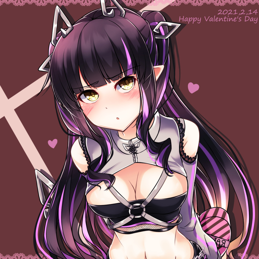 black_hair black_tube_top blunt_bangs blush box breasts cleavage clothing_cutout commentary_request dameyoshi dated demon_girl demon_horns demon_tail female grey_sweater happy_valentine heart heart-shaped_box highres horns kojo_anna kojo_anna_(2nd_costume) lace_trim leaning_forward long_hair looking_at_viewer medium_breasts midriff multicolored_hair nanashi_inc. navel official_alternate_costume open_mouth pink_hair pointy_ears shoulder_cutout shrug_(clothing) solo strapless sugar_lyric sweater tail tube_top twintails two-tone_hair upper_body valentine virtual_youtuber yellow_eyes