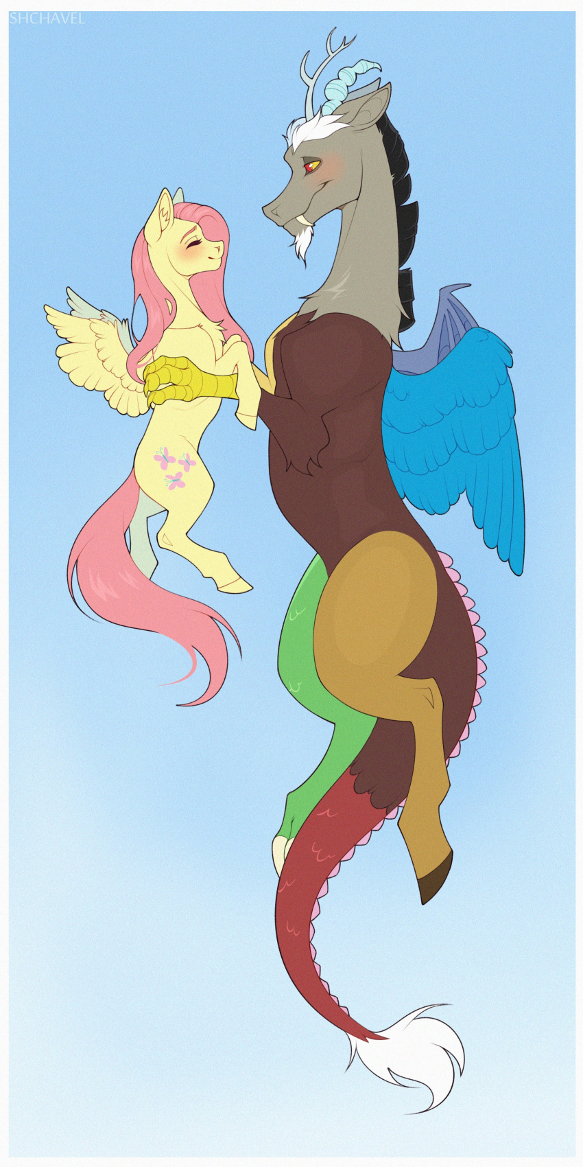 1:2 absurd_res antlers apode blush brown_body chimera claws closed_eyes cutie_mark discord_(mlp) draconequus duo equid equine fangs feathered_wings feathers female fluttershy_(mlp) friendship_is_magic hasbro hi_res hooves horn larger_male legless male mammal my_little_pony mythological_creature mythological_equine mythology pegasus red_eyes serpentine shchavel size_difference smaller_female smile tail tail_tuft teeth tuft wings yellow_body yellow_sclera