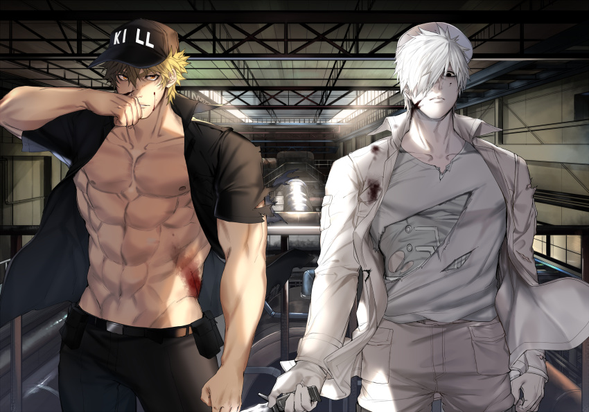 2boys abs bad_id bad_pixiv_id bare_pectorals baseball_cap black_pants blonde_hair blood blood_on_clothes blood_on_face colored_skin hair_over_one_eye hat hataraku_saibou highres holding holding_knife killer_t_(hataraku_saibou) knife looking_at_viewer male_focus military military_uniform multiple_boys muscular muscular_male navel nipples nosebleed open_clothes open_shirt pants pectorals serious shirt short_hair short_sleeves stomach toned toned_male torn_clothes torn_shirt tsunami_(sorudora) u-1146 uniform white_blood_cell_(hataraku_saibou) white_hair white_skin wind