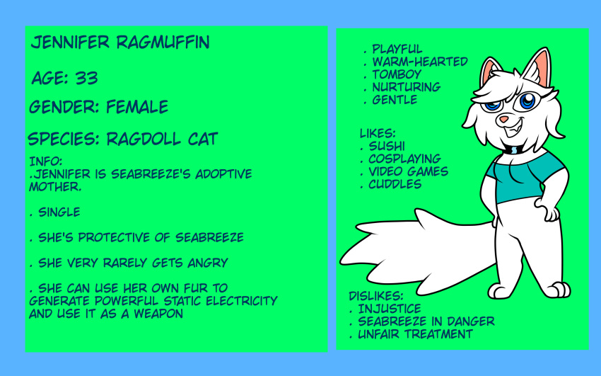 16:10 biped blue_eyes bottomless clothed clothing collar domestic_cat felid feline felis female fur hi_res jennifer_ragmuffin_(seabreeze629) long_tail mammal model_sheet ragdoll_cat seabreeze629 solo standing tail white_body white_fur widescreen