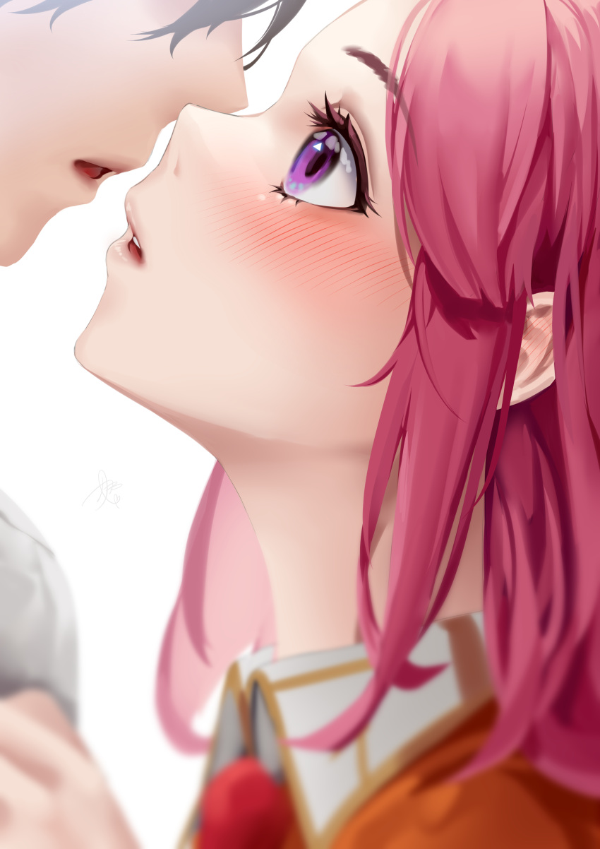 1boy absurdres blurry blush commander_(last_origin) depth_of_field female highres imminent_kiss last_origin orangeade_(last_origin) out_of_frame pink_eyes pink_hair simple_background straight surprised teddyellow white_background