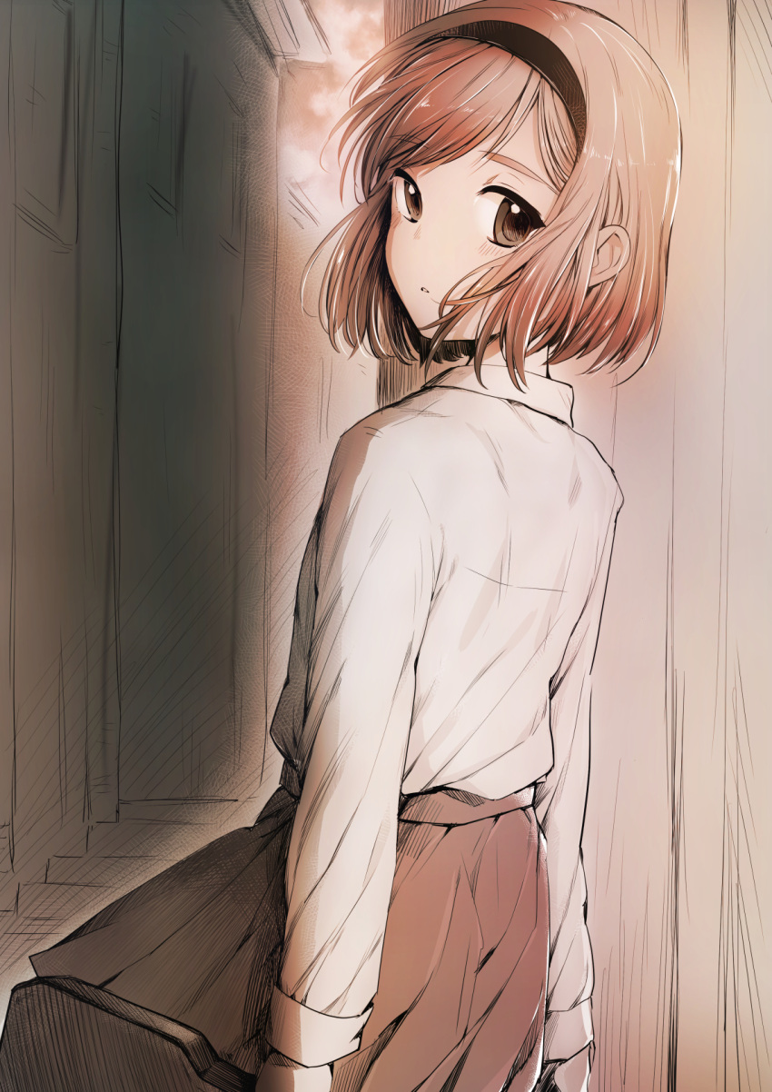 brown_background brown_eyes brown_hair brown_skirt female gunslinger_girl hairband henrietta_(gunslinger_girl) highres looking_back parted_lips short_hair skirt solo tanaka_arumi