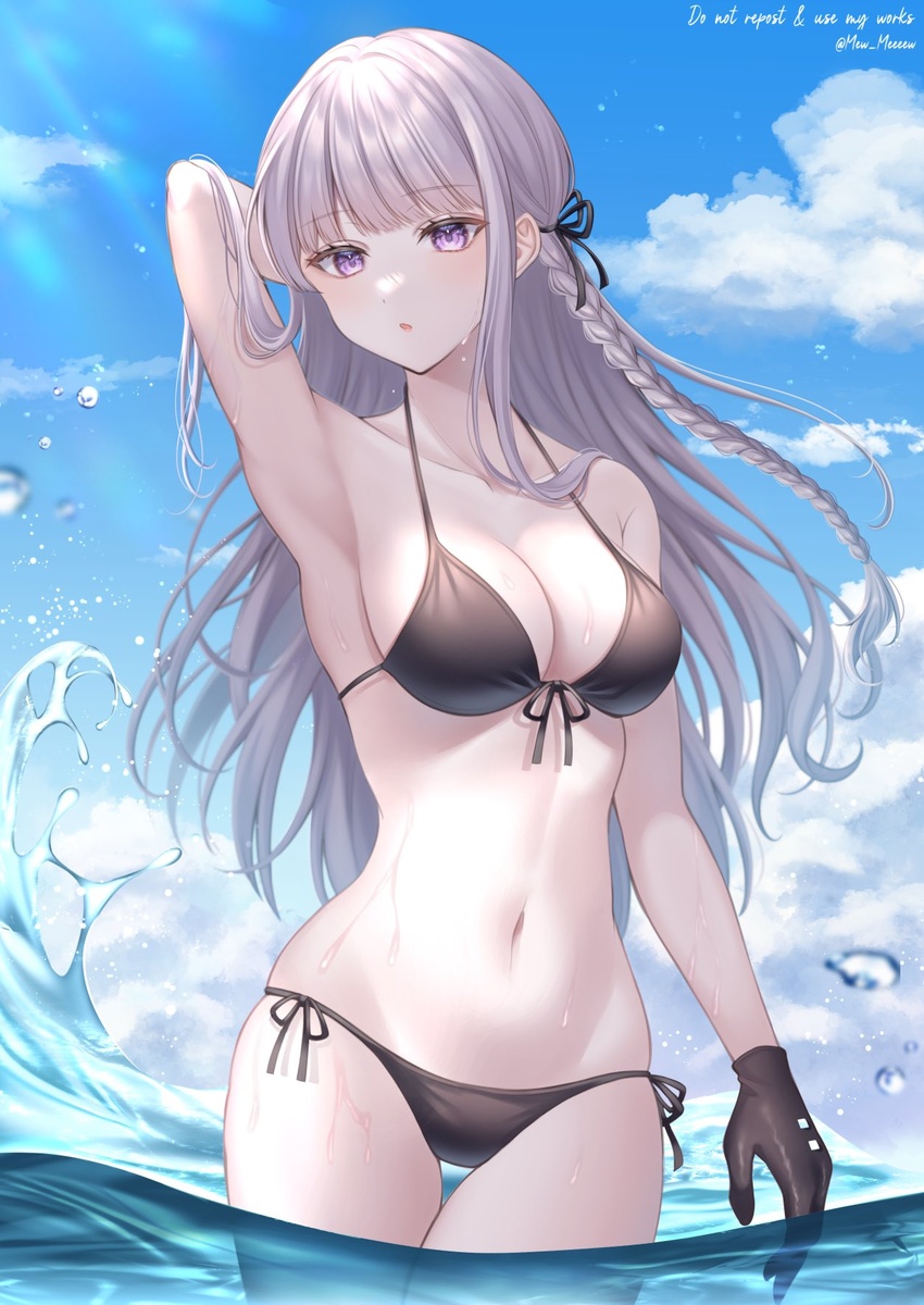 :o arm_at_side arm_up armpits bangs banned_artist bikini black_bikini black_ribbon blue_sky blush braid breasts cleavage cloud collarbone cowboy_shot danganronpa:_trigger_happy_havoc danganronpa_(series) danganronpa_s:_ultimate_summer_camp day eyebrows_visible_through_hair female floating_hair front-tie_bikini front-tie_top gloves hair_ribbon hand_in_hair highres kirigiri_kyouko long_hair looking_at_viewer medium_breasts nabekokoa navel ocean official_alternate_costume outdoors pale_skin purple_eyes purple_hair ribbon side-tie_bikini skindentation sky solo swimsuit twitter_username wading water wet