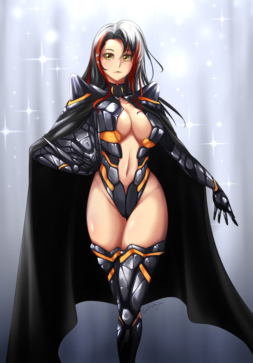 armor black_hair blue_background breasts cleavage cloak closed_mouth cloud fate/grand_order fate_(series) feet_out_of_frame female genderswap_(mtf) highleg highleg_leotard highres large_breasts leg_armor leotard lolita_majin multicolored_hair navel odysseus_(fate) photoshop_(medium) red_hair rule_63 solo star_(symbol) streaked_hair yellow_eyes