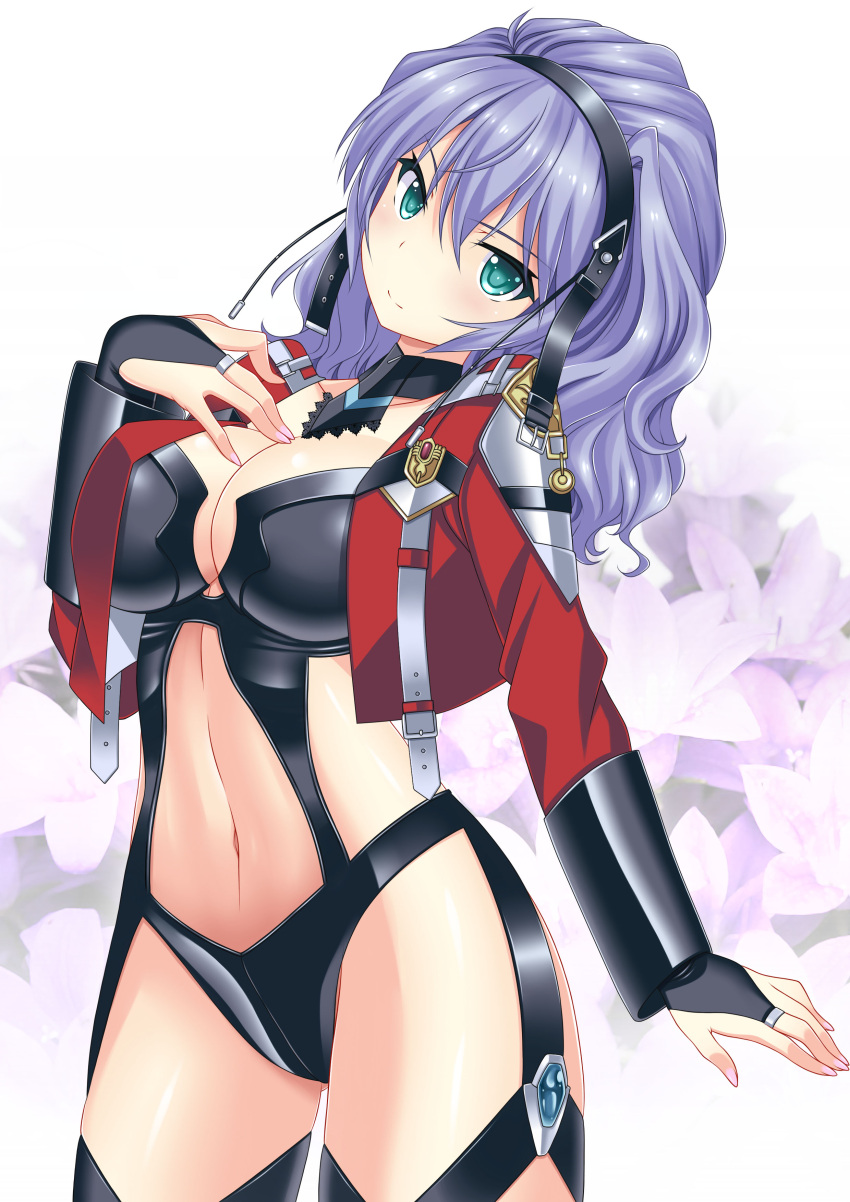 absurdres aqua_centolm breasts bridal_gauntlets cleavage cropped_jacket female floral_background green_eyes hairband hatsune_haruka highres large_breasts navel purple_hair revealing_clothes smile super_robot_wars super_robot_wars_mx wavy_hair