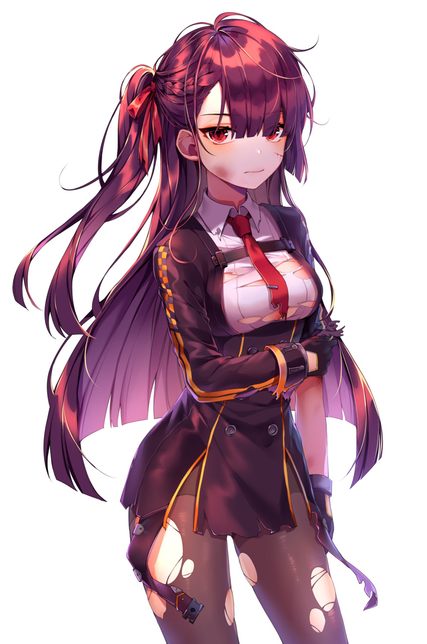 absurdres bad_id bad_twitter_id black_pantyhose black_skirt blazer bleeding blood blush braid breasts bruise buttons closed_mouth collared_shirt commentary cowboy_shot damaged double-breasted female french_braid girls'_frontline gloves ha_youn hair_ribbon half_updo high-waist_skirt highres holding_own_arm injury jacket large_breasts long_hair looking_at_viewer necktie one_side_up pantyhose pelvic_curtain purple_hair red_eyes red_necktie red_ribbon ribbon shirt sidelocks simple_background skirt solo strap thighband_pantyhose torn_clothes tsurime very_long_hair wa2000_(girls'_frontline) white_background white_shirt