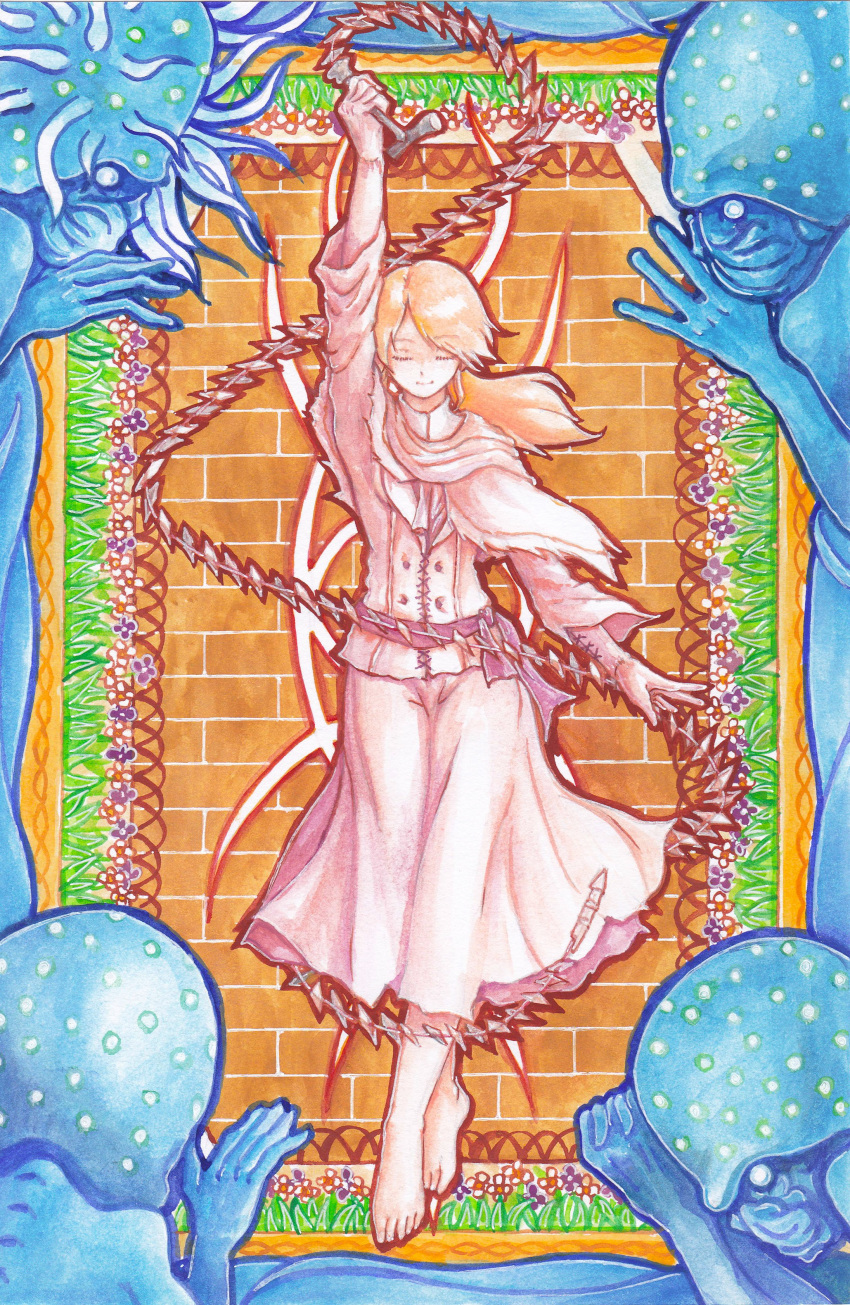 absurdres arm_up art_nouveau barefoot bloodborne brick_wall brown_hair cane capelet cloak closed_eyes commentary_request crossed_legs female flower full_body gloves grass gride highres holding holding_cane holding_weapon iosefka jacket long_hair painting_(medium) ponytail sigil skirt small_celestial_emissary threaded_cane traditional_media watercolor_(medium) watson_cross weapon whip_sword white_gloves