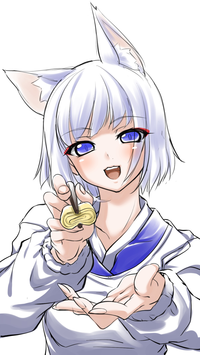 alternate_costume animal_ears apron azur_lane blunt_bangs chopsticks commentary_request eyeliner eyeshadow feeding female fox_ears fox_girl highres japanese_clothes kaga_(azur_lane) kappougi kitsune makeup partial_commentary solo toron_(mino106) white_hair