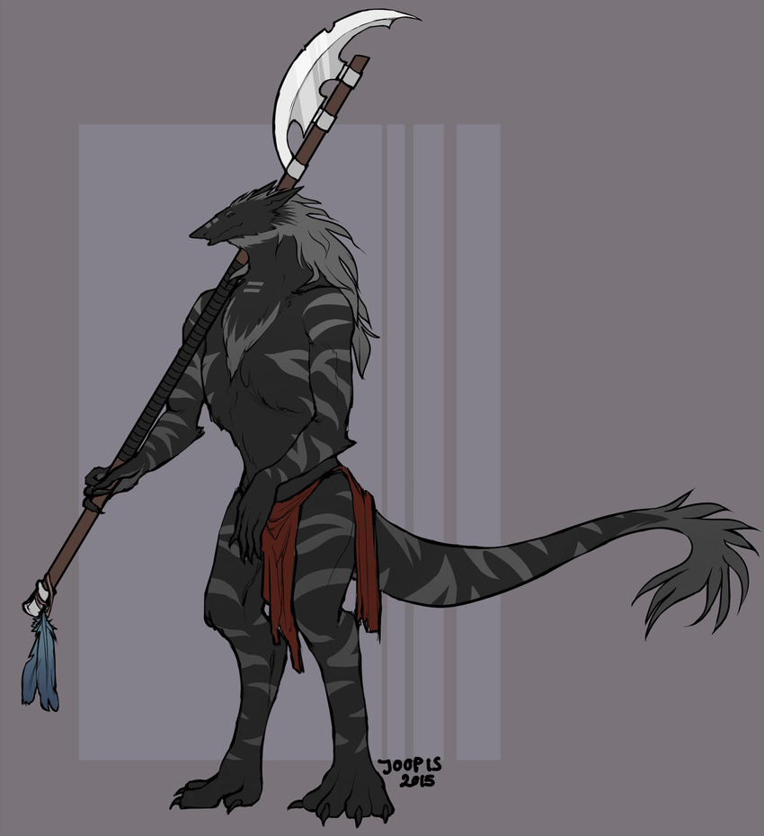 2015 abstract_background anthro bardiche black_body black_fur bottomwear claws clothing erick_black fur glaive grey_hair hair hi_res joopis loincloth male mammal melee_weapon monochrome polearm sergal simple_background solo stripes tail toe_claws weapon