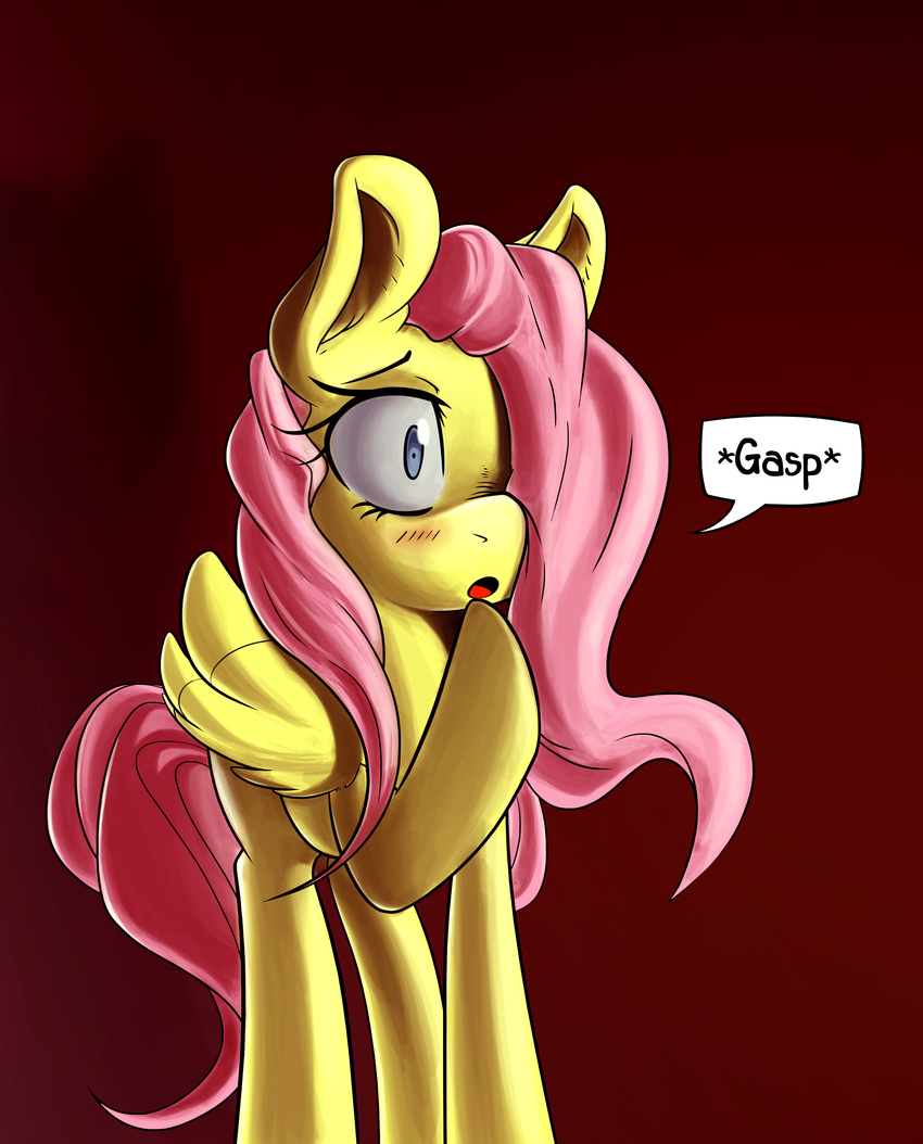 2015 absurd_res dialogue dori-to english_text equid equine feathered_wings feathers female feral fluttershy_(mlp) friendship_is_magic fur gradient_background green_eyes hair hasbro hi_res mammal my_little_pony mythological_creature mythological_equine mythology pegasus pink_hair simple_background solo sourspot speech_bubble text wings yellow_body yellow_feathers yellow_fur