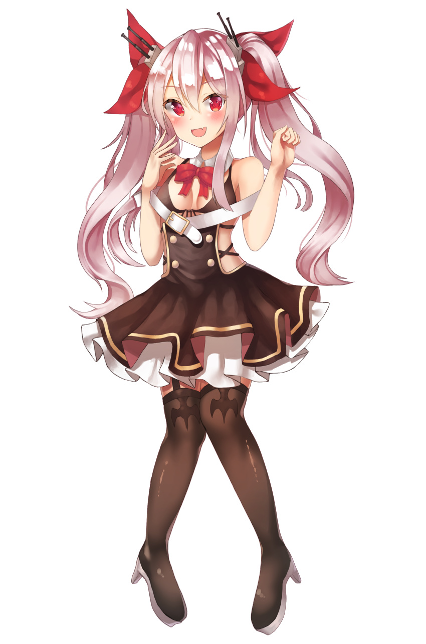 :d absurdres azur_lane boots bow collar commentary_request dress female grey_hair hair_between_eyes hair_ornament hairbow high_heels highres kimchanil long_hair oerba_yun_fang open_mouth red_eyes smile solo thigh_boots thighhighs twintails vampire_(azur_lane)