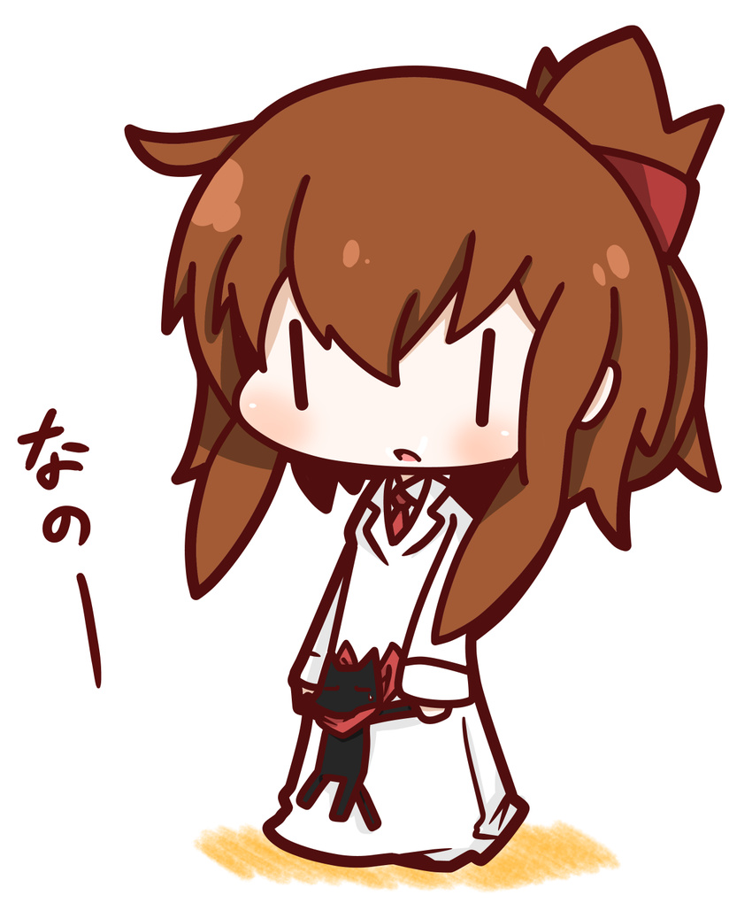 black_cat blush brown_hair chibi commentary_request cosplay feline female folded_ponytail highres inazuma_(kancolle) kantai_collection long_hair long_sleeves nichijou nuu_(nu-nyu) parody professor_shinonome professor_shinonome_(cosplay) sakamoto_(nichijou) solo white_background |_|