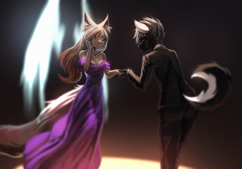 2015 anthro black_body black_fur black_hair brown_body brown_fur brown_hair canid canine canis clothed clothing dancing danny_thomas digital_media_(artwork) domestic_dog dress duo evening_gown eye_contact female fennec_fox fox fruitbloodmilkshake fur hair hand_holding hi_res husky long_hair looking_at_another male mammal multicolored_body multicolored_fur multicolored_hair nordic_sled_dog red_hair short_hair smile spitz suit true_fox two_tone_body two_tone_fur two_tone_hair white_body white_fur