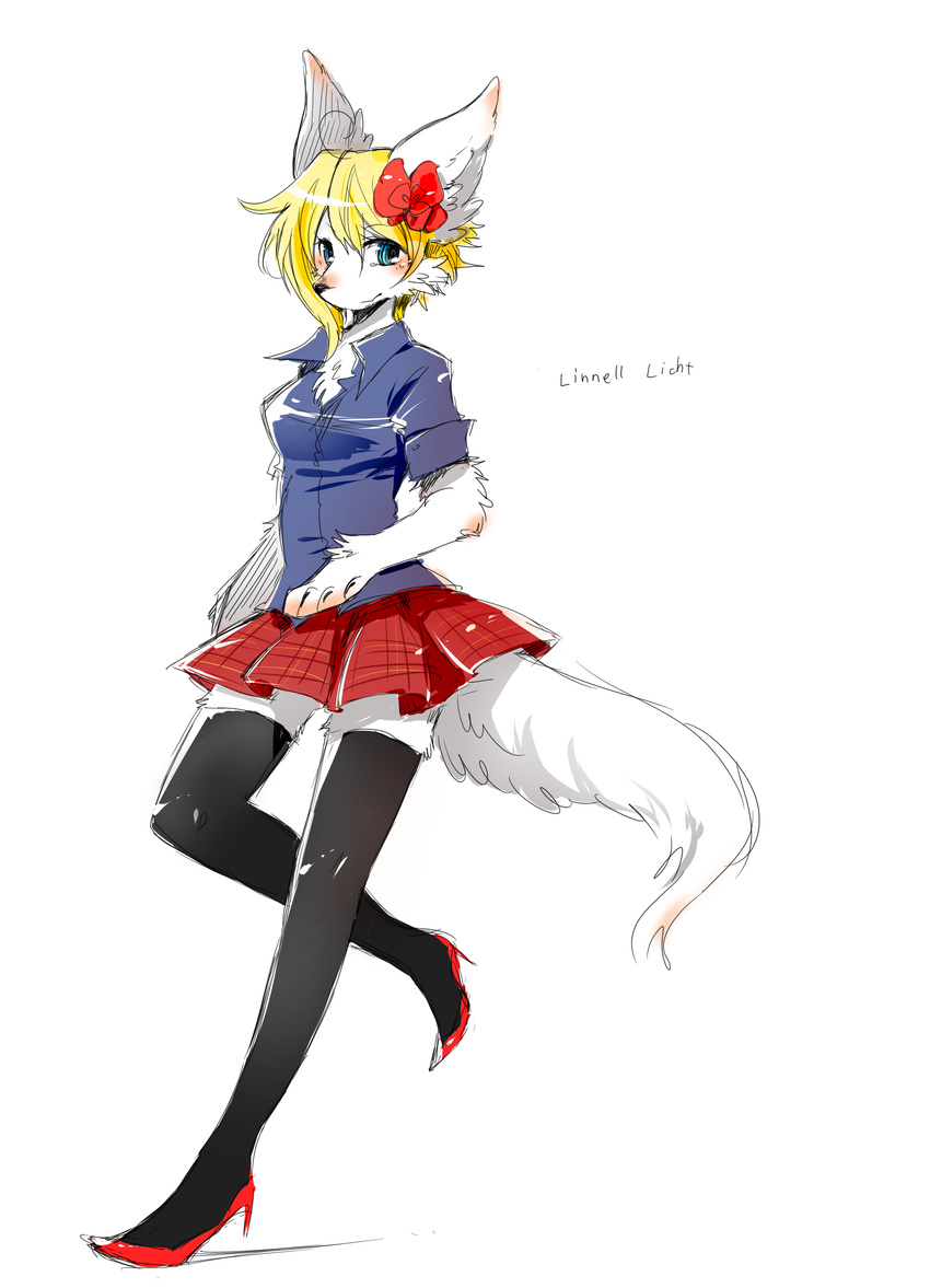 absurd_res anthro blonde_hair blue_eyes bottomwear canid canine canis clothing domestic_dog female fur hair hi_res kemono legwear mammal pipisan simple_background skirt solo stockings white_background white_body white_fur